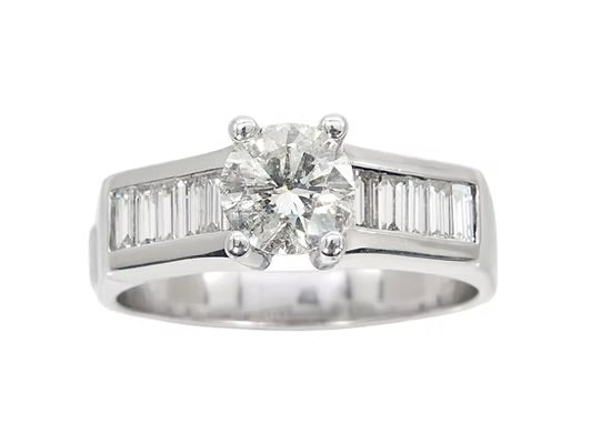 14ct WG Diamond Solitaire Ring With Baguette shoulders 1.67ct