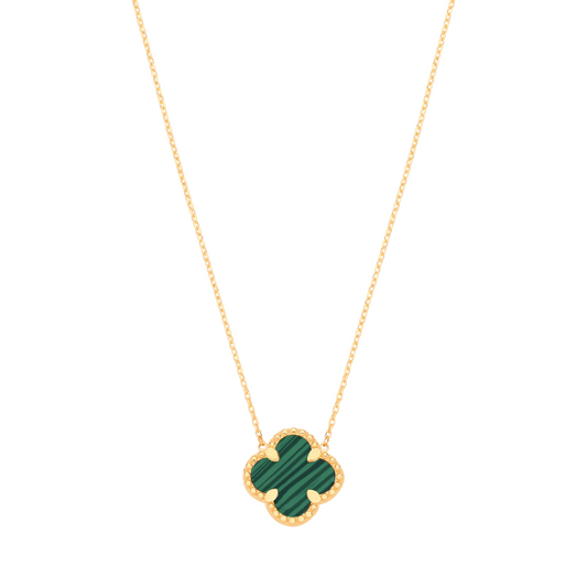 9ct Yellow Gold Green Malachite Four Leaf Clover Pendant Chain
