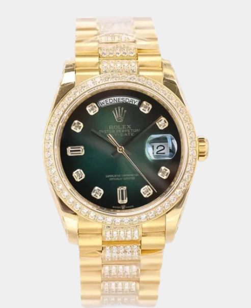 ROLEX DAY-DATE 36 GREEN OMBRÈ 128348RBR 36MM YELLOW GOLD AND DIAMONDS