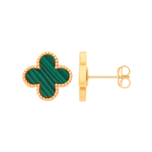 9ct Yellow Gold Green Malachite, Four Leaf Clover Studs